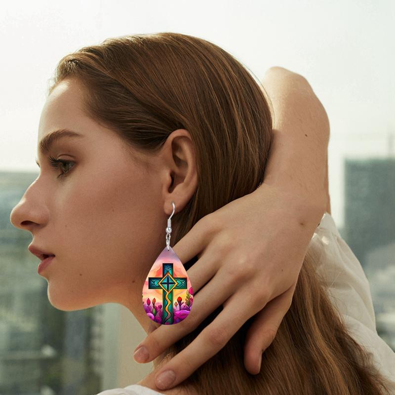 Cross PU Leather Earrings with Floral Design, Fashion Earrings, Exquisite Earrings, Holiday Gifts for Friends, Party Fashion Accessories