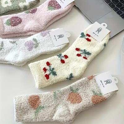 1 pár dámskych jesenných zimných stredne dlhých ponožiek Módne plyšové kvety Sladké vzory Mäkké pohodlné teplé ležérne ponožky