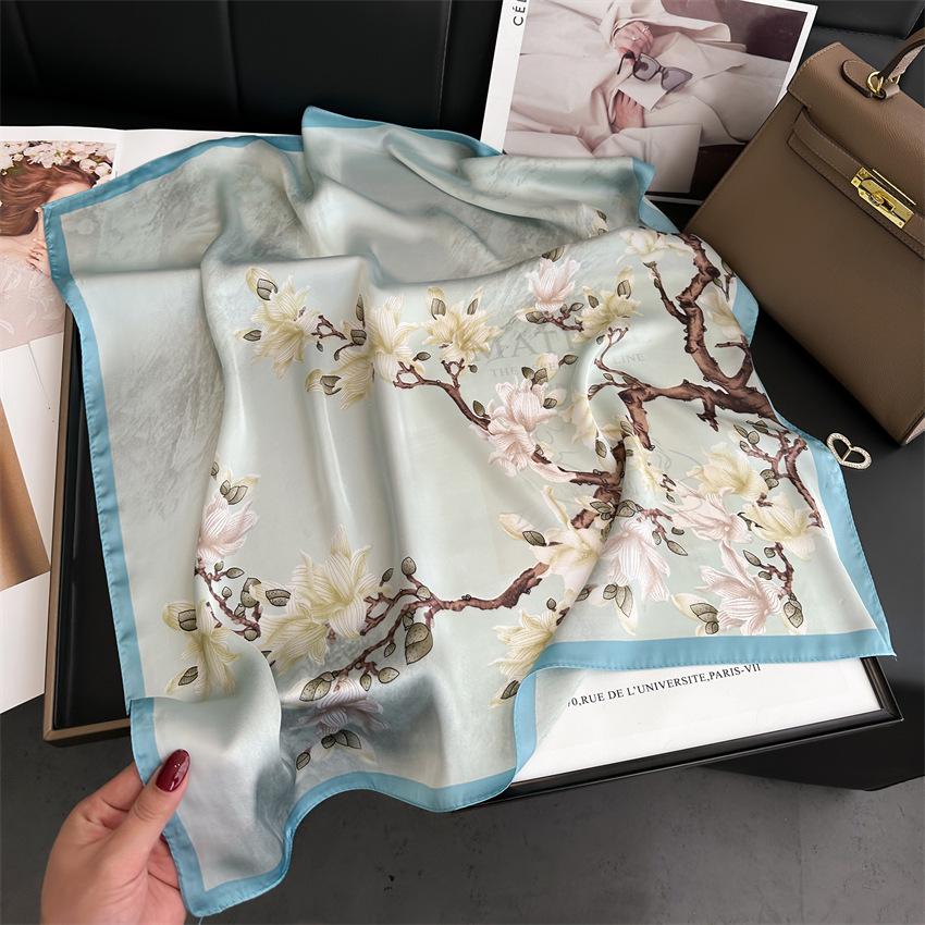Elegant Ginkgo Leaf Print Silk Square Scarf – Versatile Headscarf for Spring and Summer