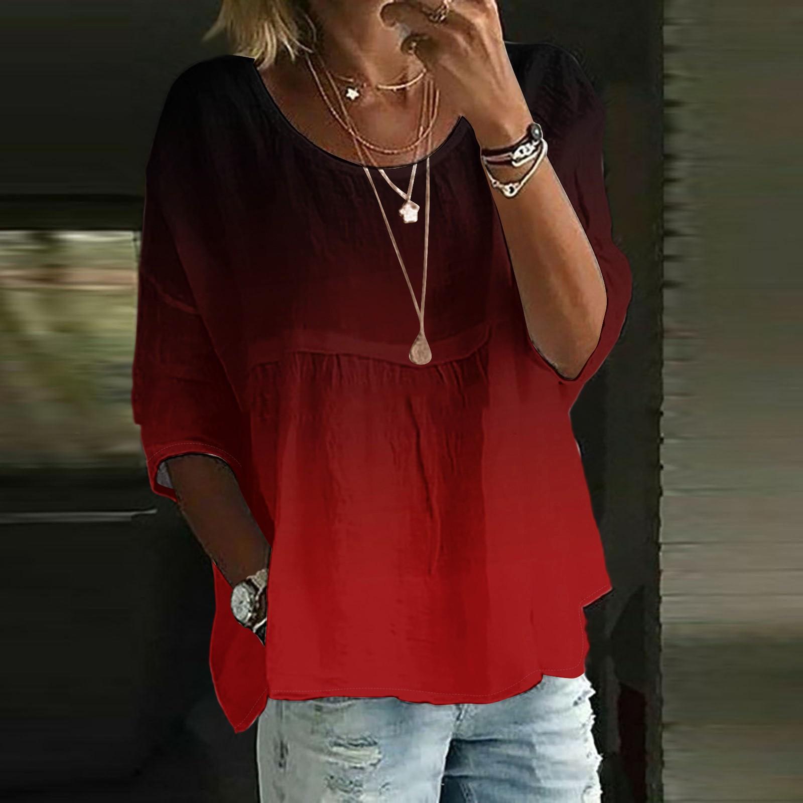 

Льняные рубашки для женщин с рукавом 3/4 на пуговицах с круглым вырезом летние топы нарядные повседневные милые рубашки XL винный