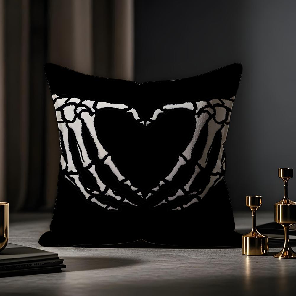 Cool Skull Heart Print Cushion Cover Anti-dustmite Pillowcase Invisible Zipper Silky Short Plush Sofa Cushion Cover
