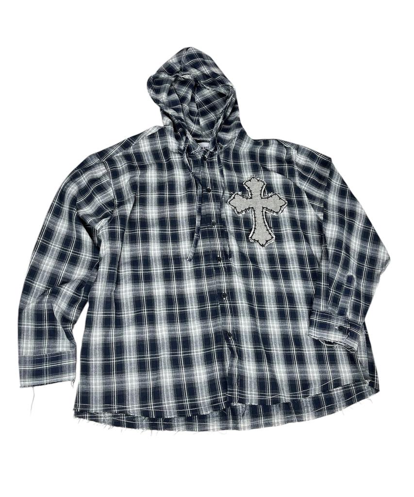 SK8ER ROCK Cross Cut-Off Tartan Check Hoodie Shirt ((Marine))
