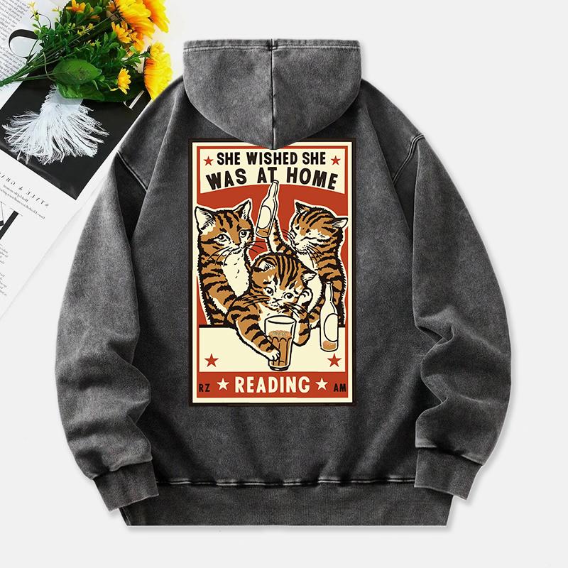 Drinking Cats Washed Hoodie Womens Vintage Printed Cotton Tops Distressed Pocket Oversize Womans Streetwear
