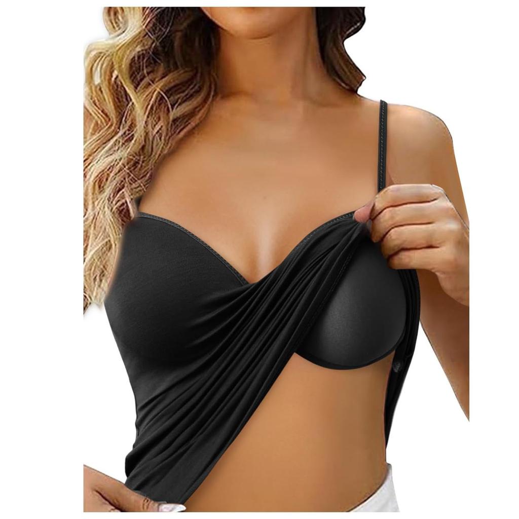 Women's  Tank Top With Integrated Bra Undershirt Adjustable Without Underwire Wide Straps Camisole Basic Cami Tanks Tops For Women