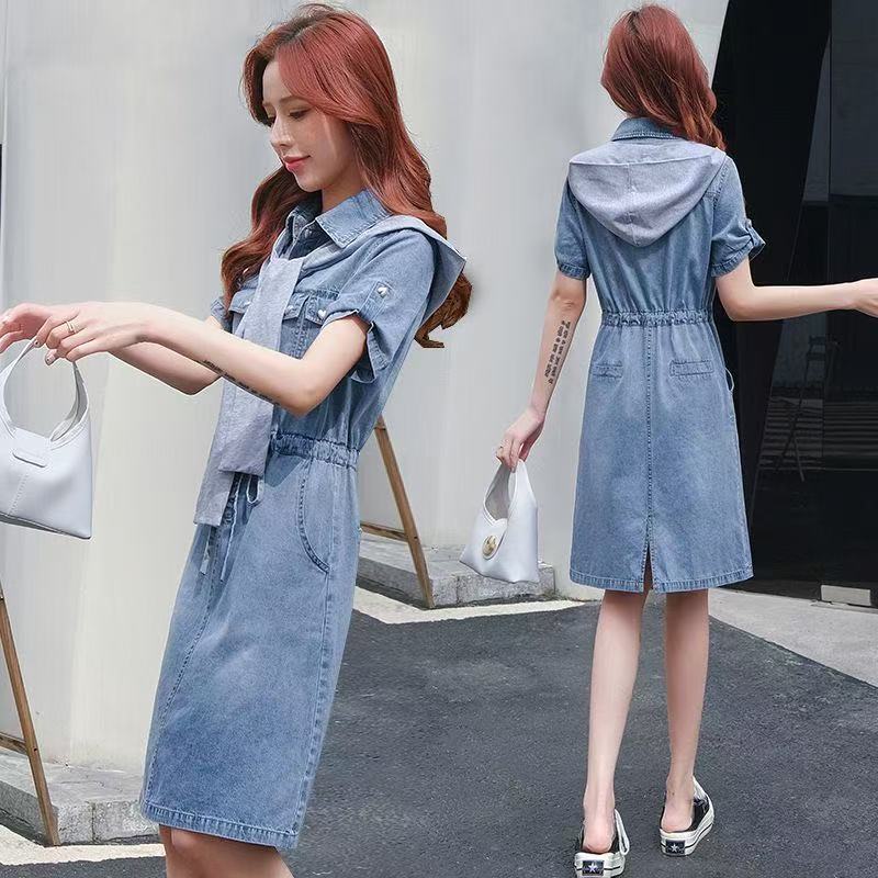 Summer Slim Denim Short Sleeve Dress Casual Waist Cinching Womens Outfit Lightweight Versatile Fashion