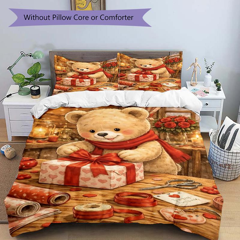 3pcs Anime Teddy Bear Bedding Set - Includes One Quilt Cover and Two Pillowcases (No Core) - Festive Gift for Home Decor, Bedroom and Guest