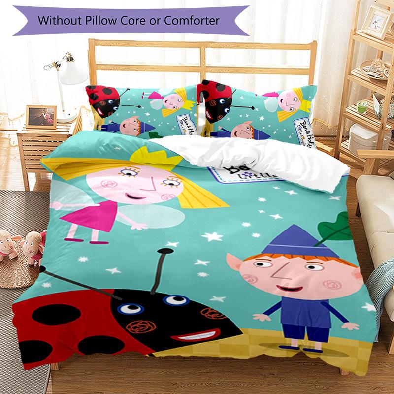 Set di biancheria da letto con motivo Ben and Holly's Little Kingdom da 3 pezzi, set copripiumino include copripiumino e federe, decorazione perfetta per la camera da letto in tutte le stagioni e regalo