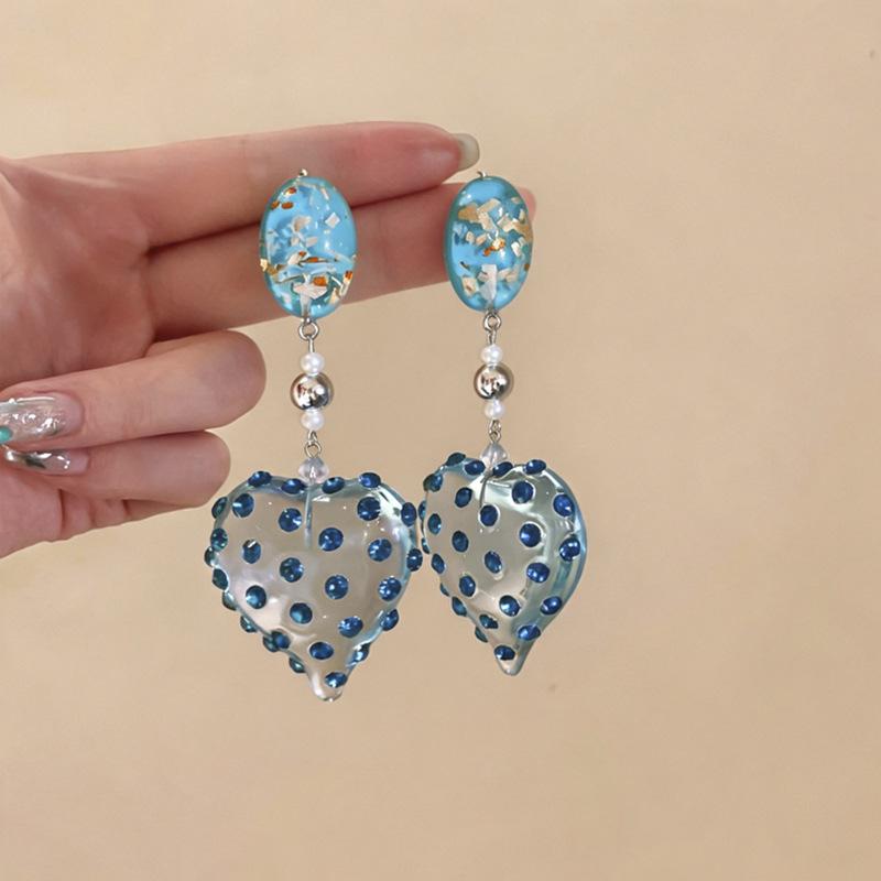 Silver Needle Rhinestone Resin Heart Earrings - Elegant & Versatile Light Luxury for Women