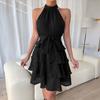 Women Halter Sleeveless Dress Ruffle Layered Swing Dress Loose Lightweight Elegant Solid Color