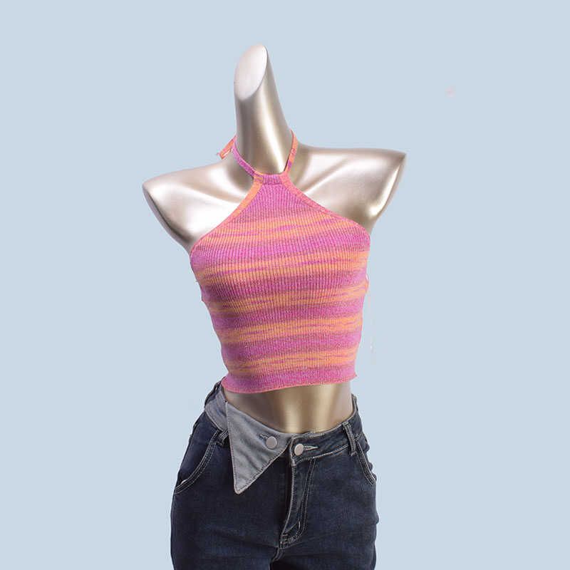 

Export Yuan Single Summer New Arrival American Sweet and Spicy Short Silm Gradient Stripes Knitting Halter Top Vest for Women Stripes M
