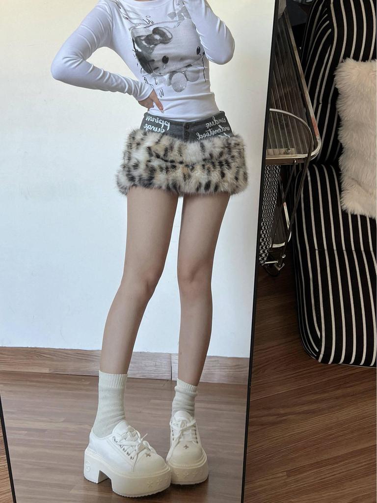 Leopard Print Low Waist Fur Patchwork Mini Skirt - Women’s Slimming A-Line Autumn Winter Spicy Style
