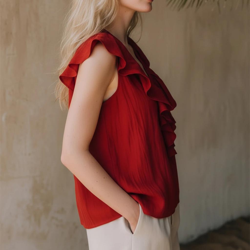 Women's Linen Sleeveless Top - V Neck Ruffle Blouse, Color Casual Tank Top for Summer, Lightweight and Breathable