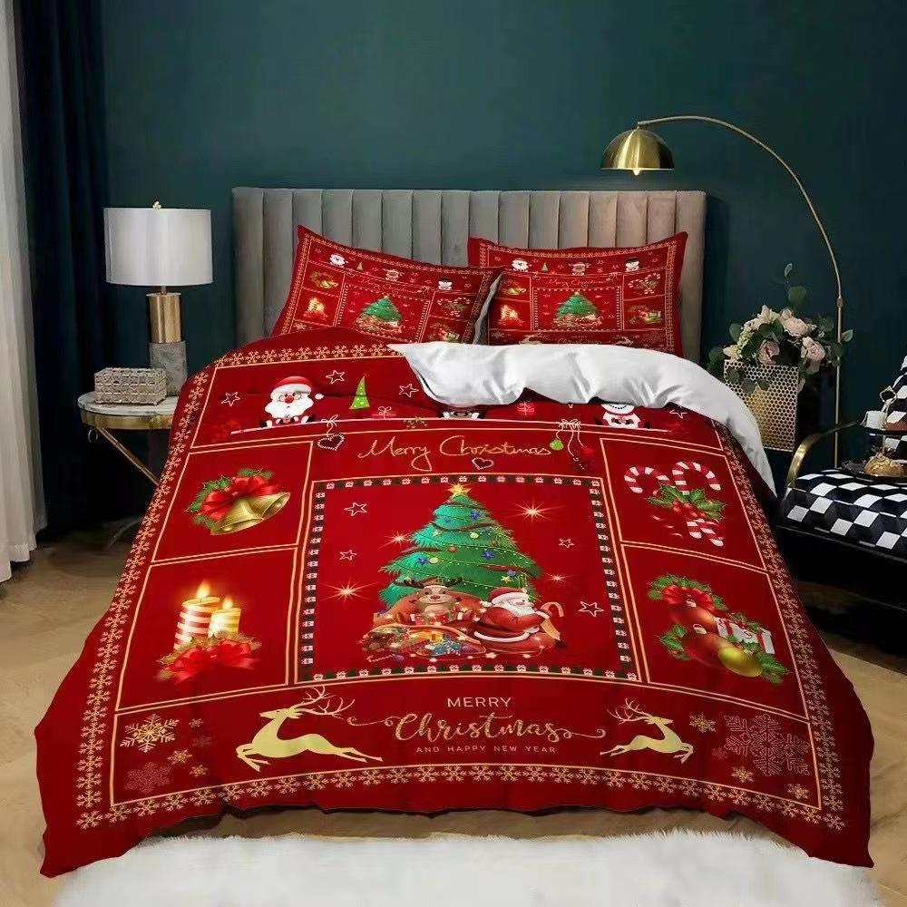 

3pcs Red Christmas Santa Claus Deer Printed Bedding Set Cozy Soft Duvet Cover King Queen Twin Size Birthday Gift Bedroom Decor EU Single 135x200cm