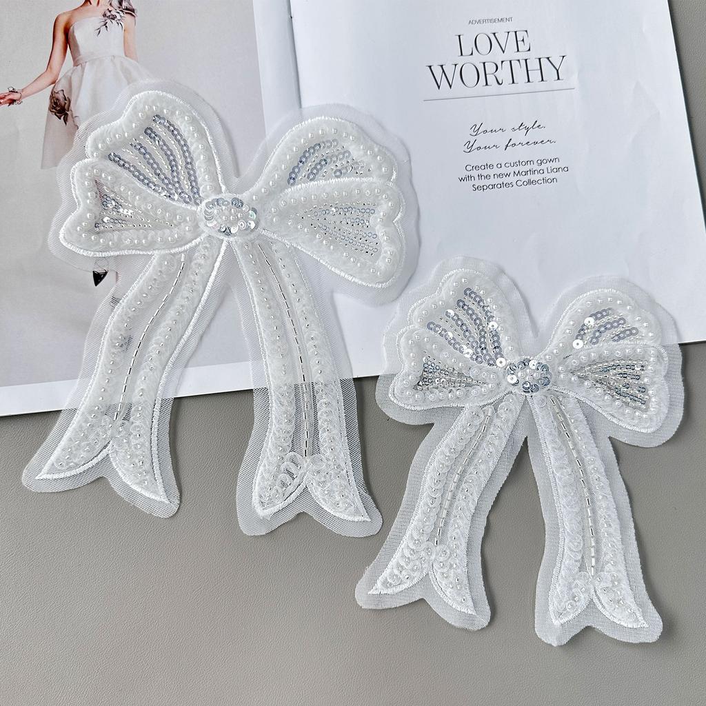White Organza Lace Pleated Bow Beaded Sequins Decorative Children'S Clothing Lolita Clothing Cloth Sticker Accessories