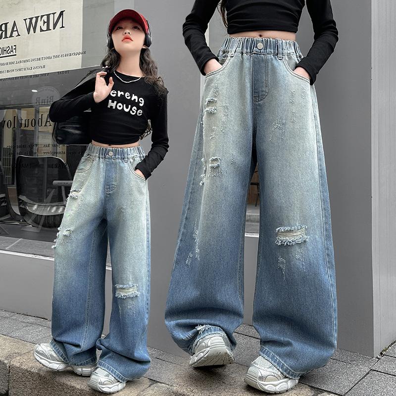Girls Ripped Distressed Jeans Baggy Wide Leg Pants with Stretchy Waist Gradient Denim Pants for Kids Children Age 5-14Y