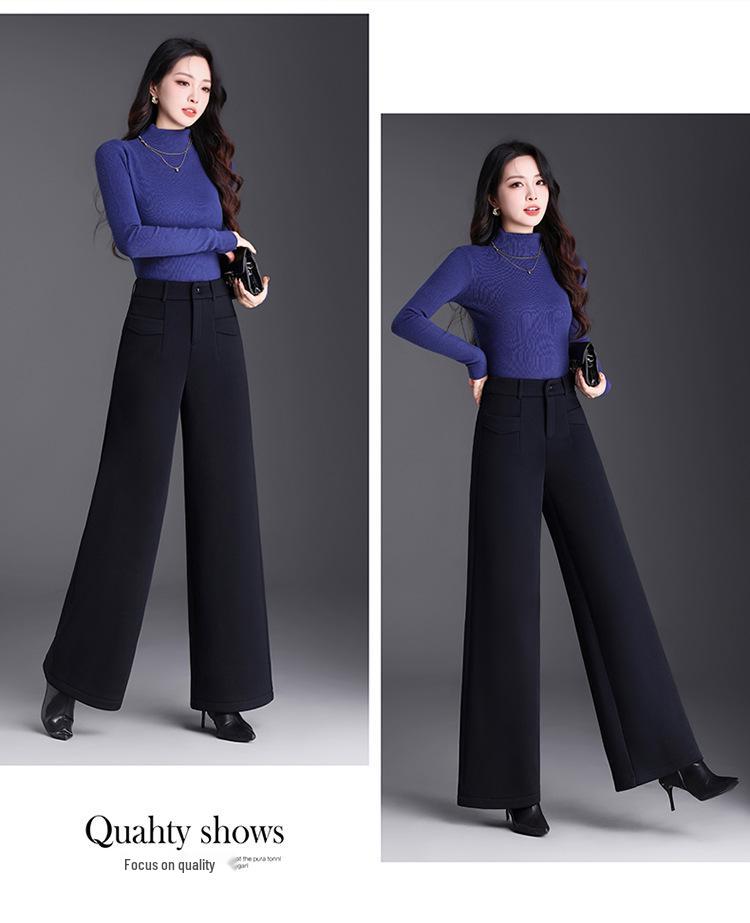 Women's High-Waisted Velvet Wool Wide-Leg Pants - Autumn/Winter 2026 Fashion - Loose, Straight-Leg Casual Versatile Trousers