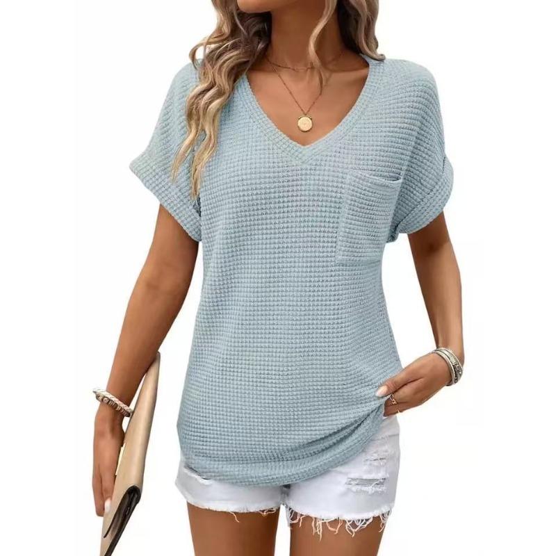 TIFICY Damenmode, lässig, Sommer, Frühling, einfarbig, bedruckt, kurzärmelig, V-Ausschnitt, Blusen und Hemden