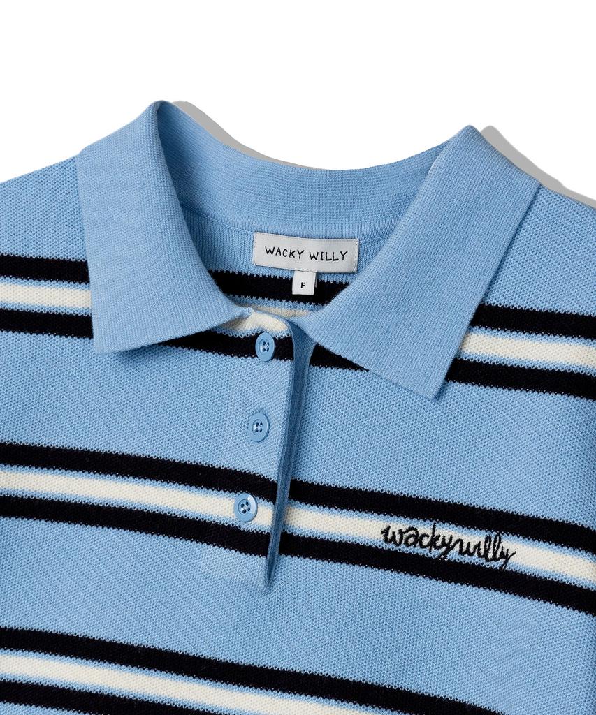 WACKY WILLY Women'S Striped Collared Short Sleeve Knit Sky Blue