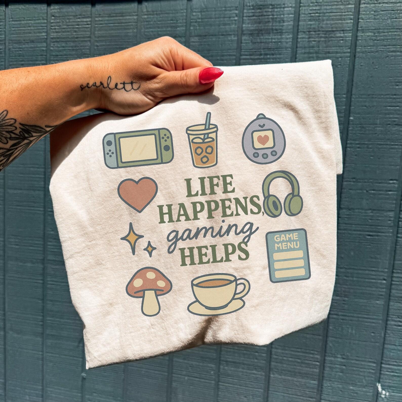 Life Happens Gaming Helps Shirt Cozy Gamer Tee Stardew Valley Gift Funny Video Game Shirt Anime Meme Aesthetic Gaming Gift for Gamers XL
