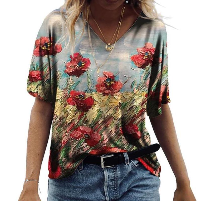 Summer Flower T-shirt Flower 3D Printed Women's V-neck Short Sleeve