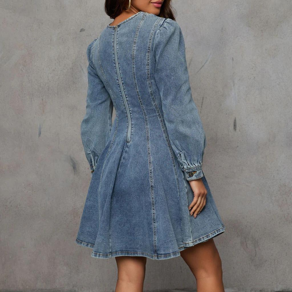 IHUASU Fall Style Elegant Patchwork Receiving Waist Denim Long-sleeved Dress for Women