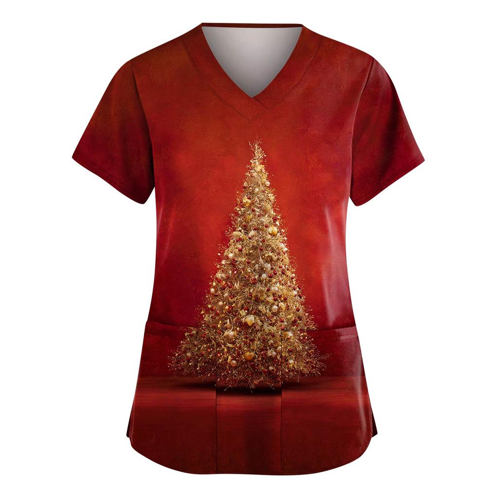 Women's Fashion V-Neck Short-Sleeved Workwear With Pockets Christmas Print Top Caregiver Uniform