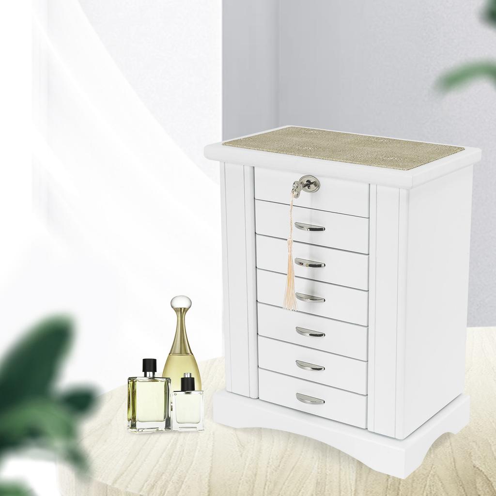 7 Layer Jewelry Organizer Box with Key Lock, White Retro Rectangular Jewelry Storage Case, Free-Standing Multi-Tier Jewelry Box