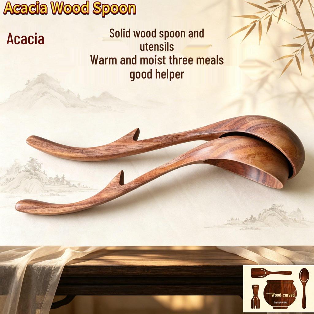 Teak & Acacia Wood Salad Bowl Set with Spoon and Hook