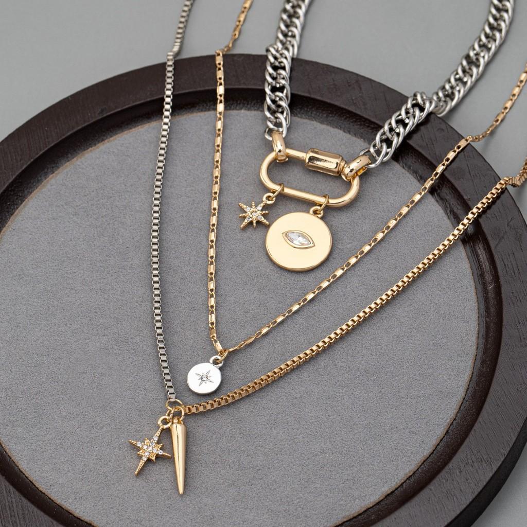 Geometric Alloy Multilayer Necklace For Women With Pendant And Locking Chain