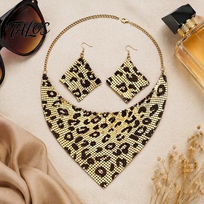 Retro Schmuckset Leopardendruck Halskette Ohrringe Set, Dreieckiger Schal Choker Damen Statement & Hängeohrringe, Accessoires für