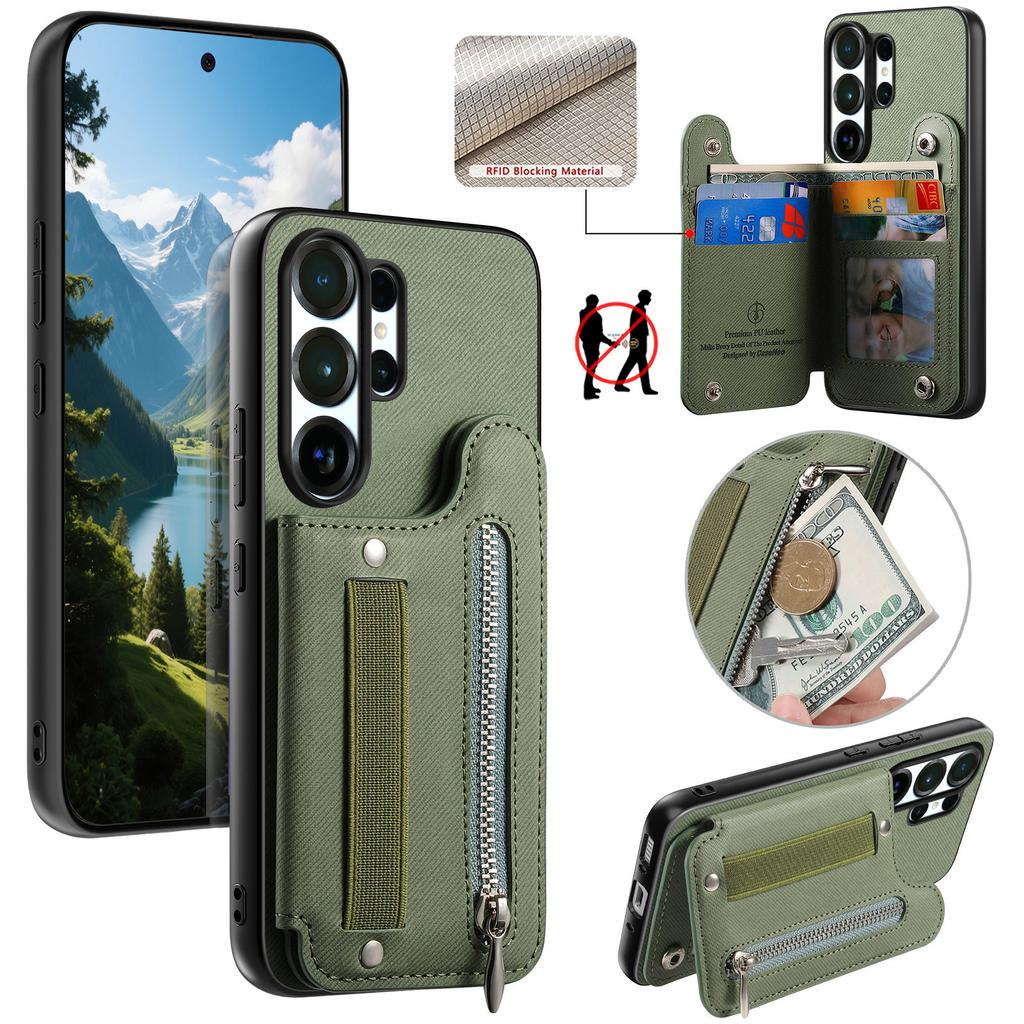 Magnetic Zipper Elastic Wrist Strap Cards Solt Wallet Leather Case For Samsung S25 Ultra S24 Plus S23 A17 A07 kickstand Cover