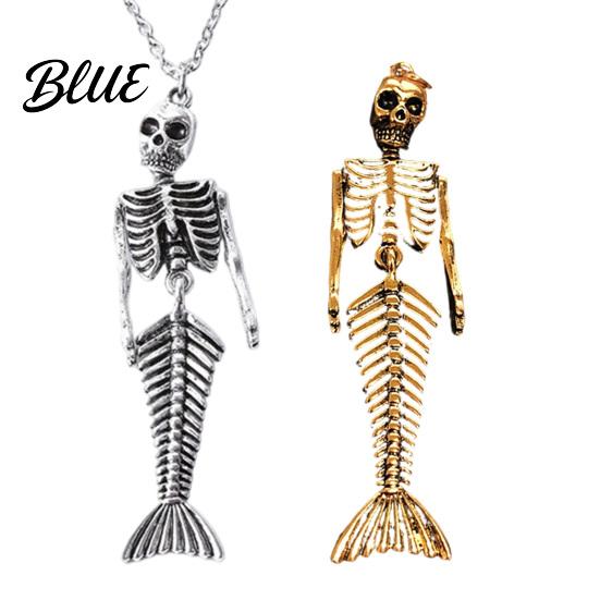 Künstlerisches Meerjungfrauen-Knochen-Charme Schädel-Skelett Anhänger Halskette Gotischer Dunkler Fantasy Schmuck Halskette im Vintage-Stil für Damen Kreatives Gruseliges Accessoire,