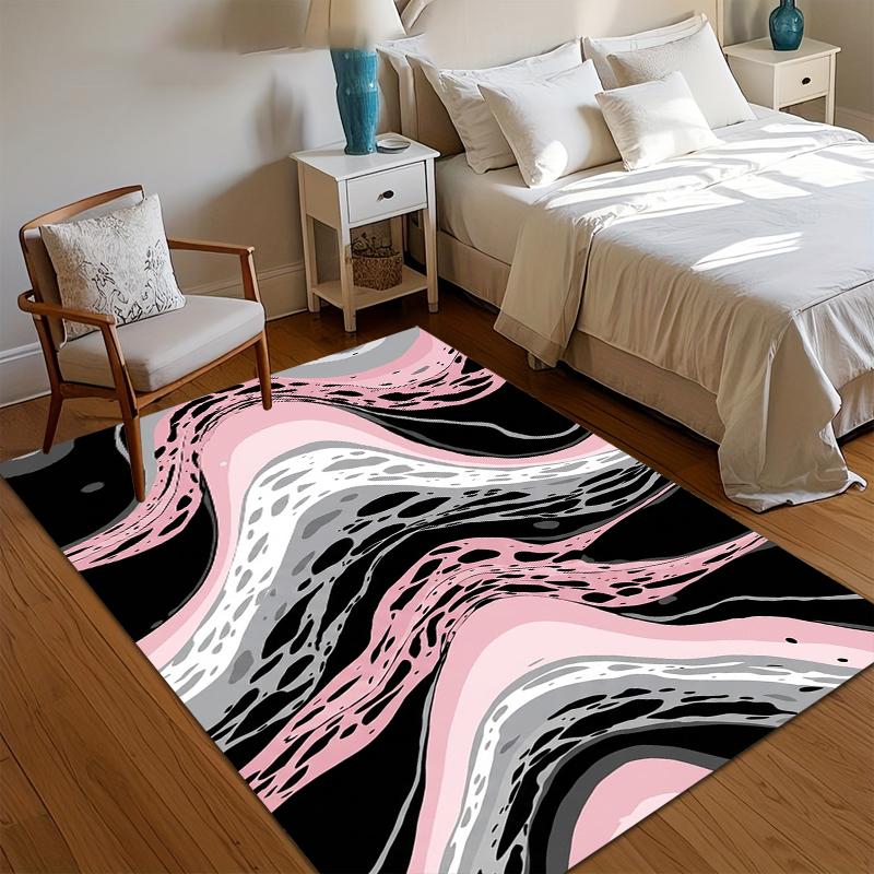 

Pink Black Grey Area Rug Abstract Fluid Curves Carpet Bold Contrast Non-Slip Washable Doormat Floormat Nordic Minimalist Style 40x60CM