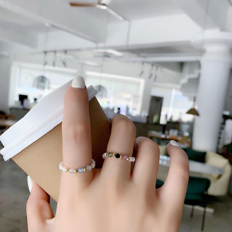 Kpop Adorable Multi Beaded Imitation Pearl Colorful For Women Crystalline Adjustable Rope Chain Rings Continuous Circle Minimalist RingCute Chain