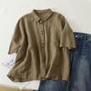 Womens Linen Cotton Button Up Blouse Casual Short Sleeve Pocket Shirt