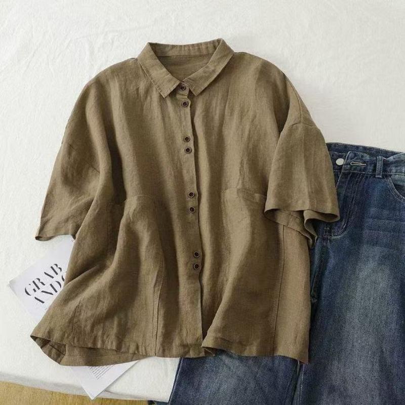 Womens Linen Cotton Button Up Blouse Casual Short Sleeve Pocket Shirt