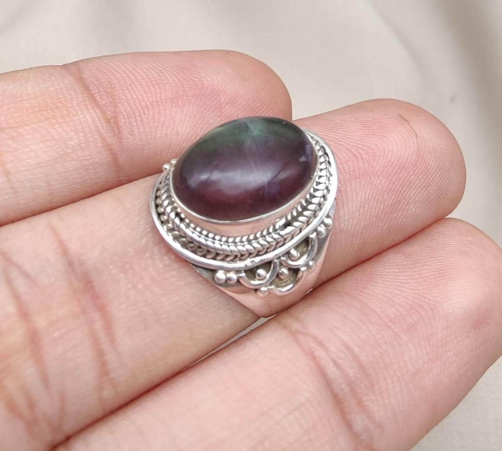 Rainbow Fluorite Ring: 925 Sterling Silver Boho Statement Jewelry