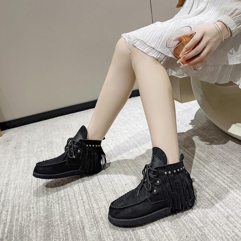 Large size retro fringed short boots for women's autumn and winter new wind lace-up flat-bottomed Zhuotian short boots for women