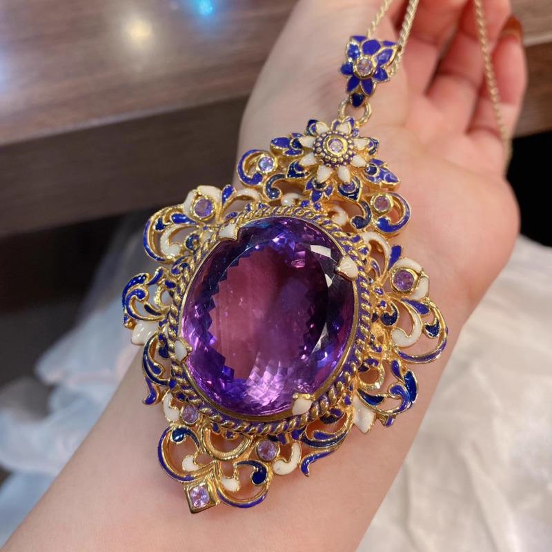 Imitation Enamel Gilded Color Italian Natural Amethyst Ring Pendant Set Palace Style Color Treasure Necklace Female