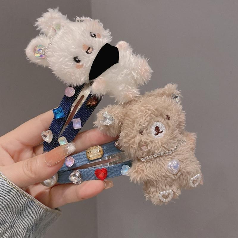 Plush Rabbit/Bear Shape Hair Clip Spring Summer Headwear for Woman Girls Bangs Taking Photo Shopping Travel Anti-Slip