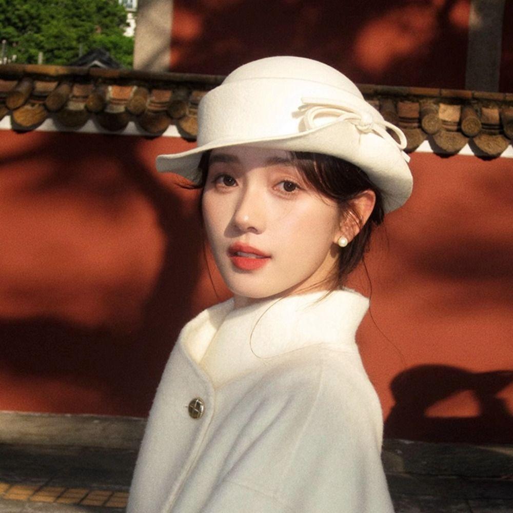 Round Rolled Edge Fedoras Hat Solid Color Round Top Hat Creative Gift Wool Bucket Hat