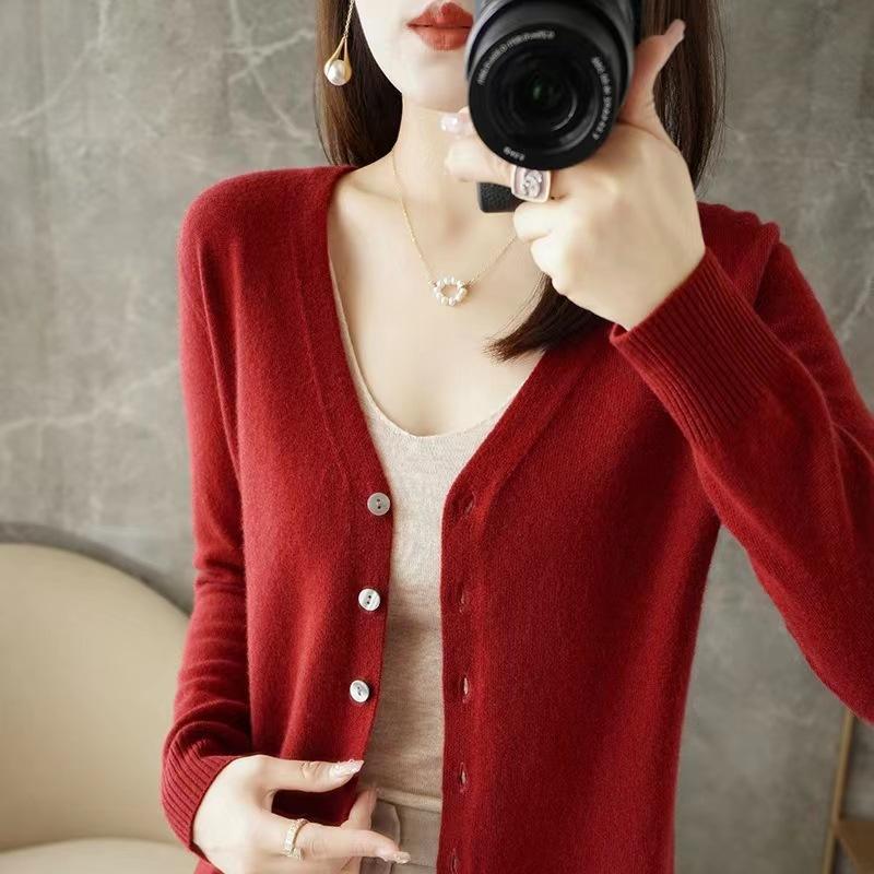 Suéteres de punto de lana de manga larga con cuello en V y estampado de colores sólidos para otoño e invierno para mujer