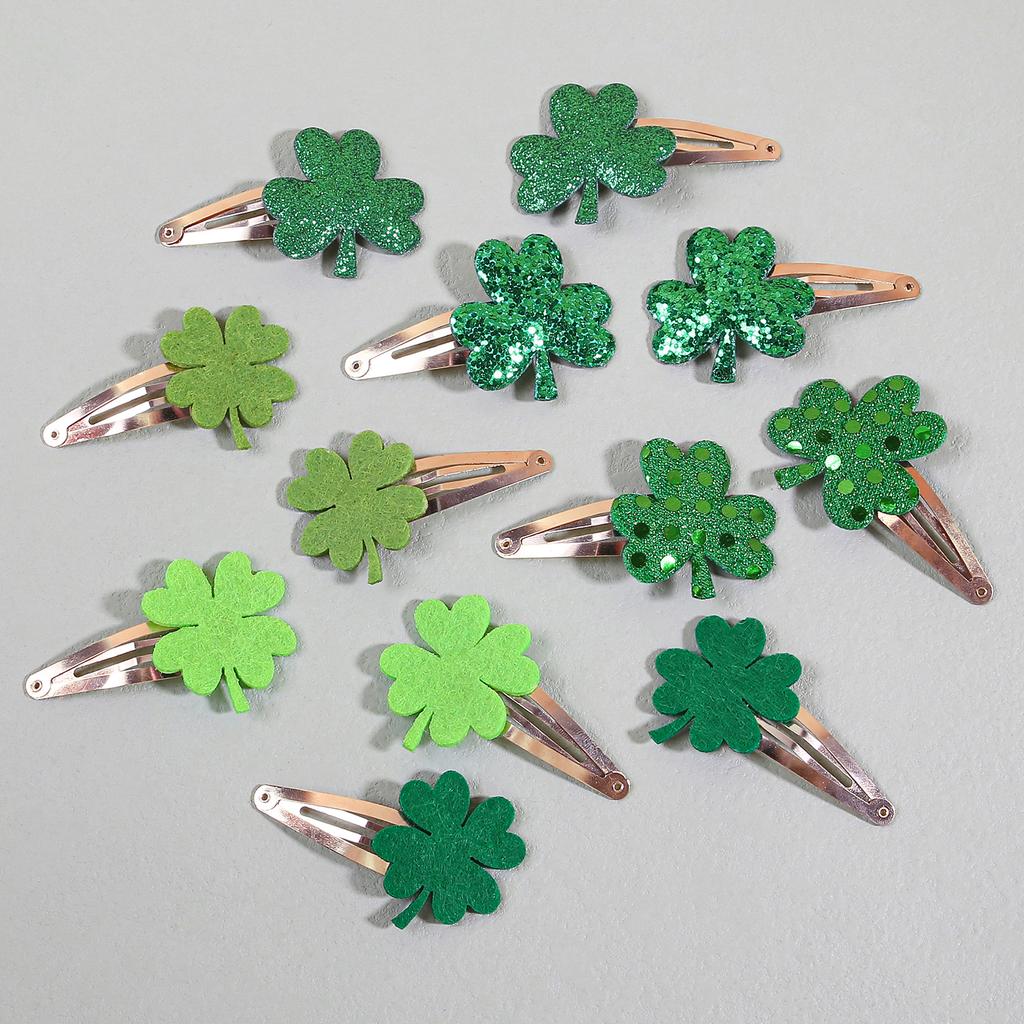 6pcs Sparkly Clover Hair Clips Girls ST'patrick's Day Hairpins Glitter Green Flower Hair Clips Children Kids Headwear