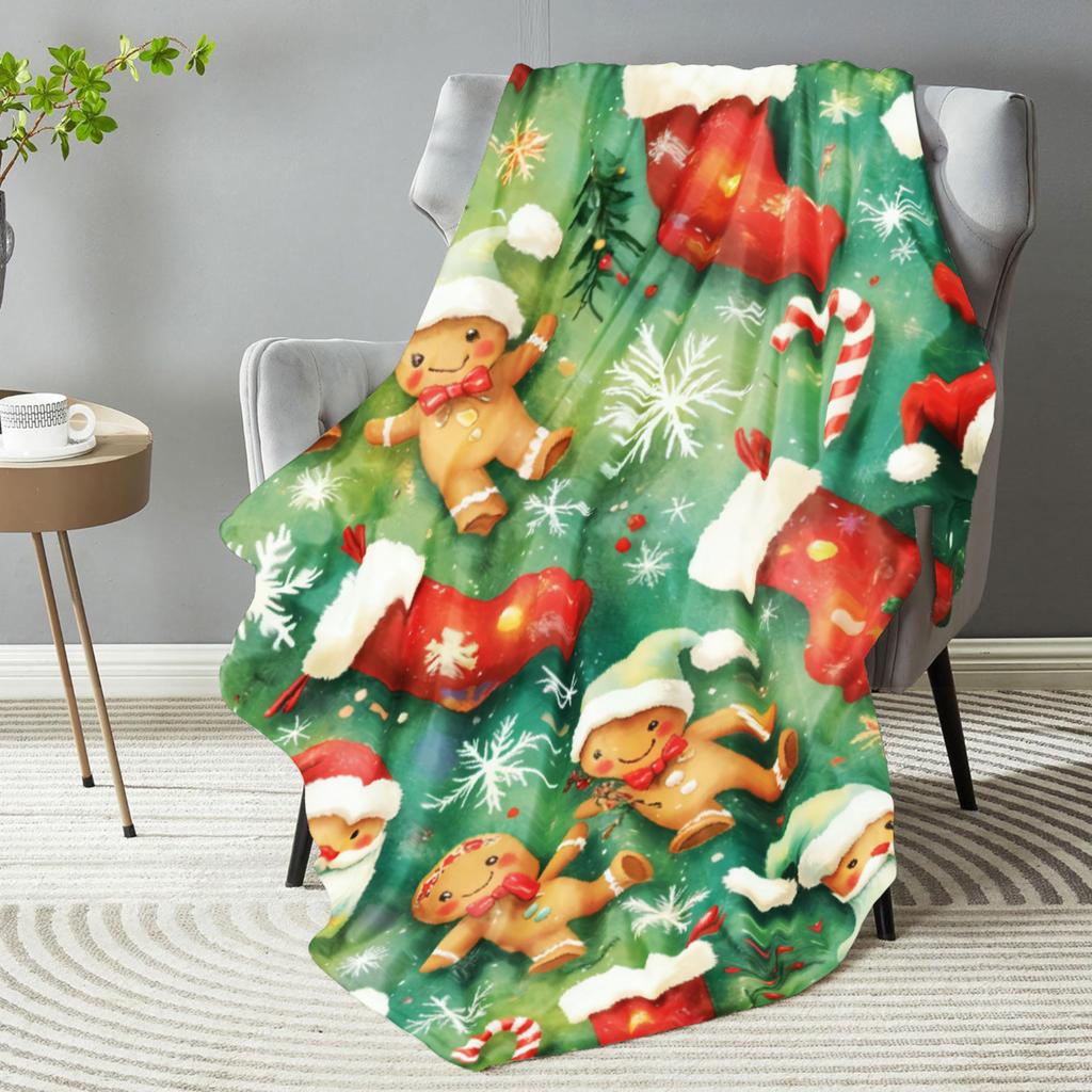 Green Blanket Christmas Stocking Gingerbread Man Soft Flannel Blanket for Home Living Room Bedroom Decor New Year Christmas Gift