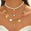 Double-Layer Imitation Pearl Necklace with Bow and Heart Pendants