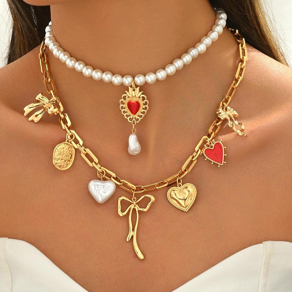 Double-Layer Imitation Pearl Necklace with Bow and Heart Pendants