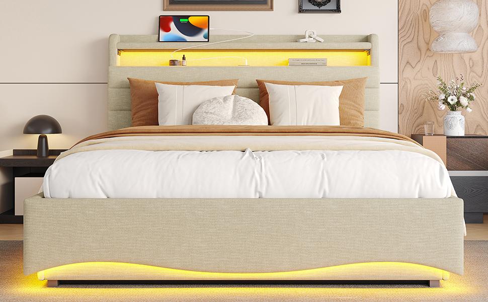 Upholstered Bed, 140 x 200 cm, without Mattress, LED Lighting, Hydraulic Mechanism, USB and Type-C Ports, Storage Compartment, Linen Fabric, Beige