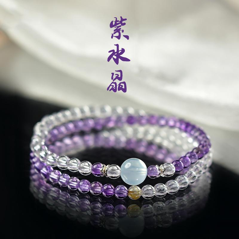 

Women s Amethyst Bracelet, Pink Quartz Multi-Crystal Bracelet, Golden Rutilated Quartz Bracelet, Multi-Circle Crystal Bracelet, Ethnic Style 4mm White crystal model