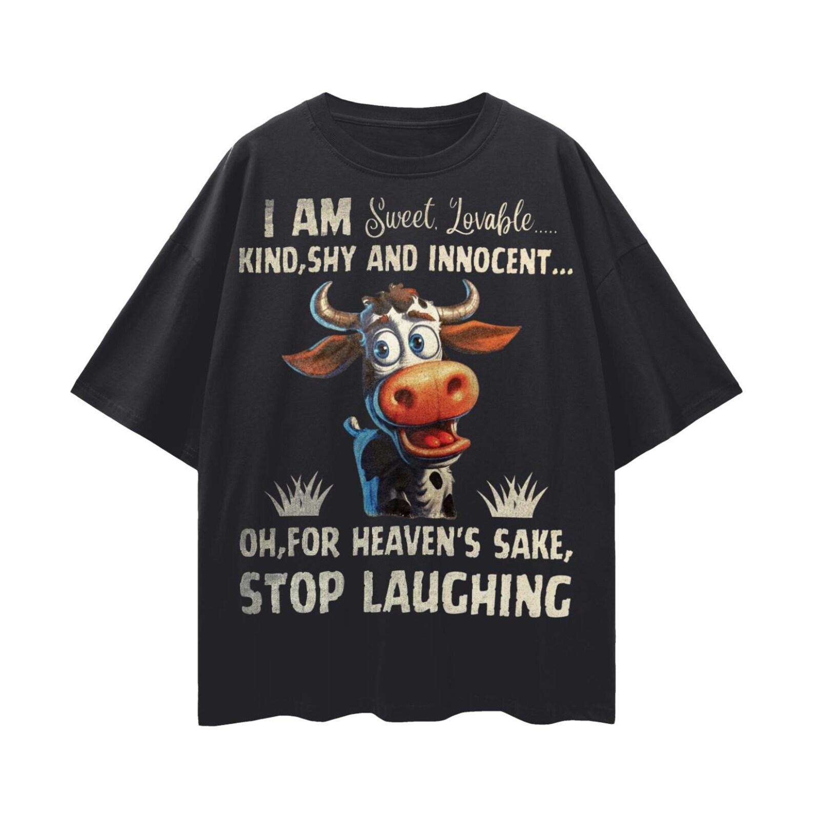 Loveable Cow Clipart Shirt Funny Oversized Drop Shoulder Tee, Pure Cotton, Quirky Bovine Art S