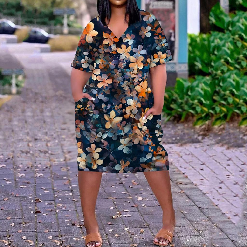 Summer Plus Size V Neck Short Sleeve Knee Pocket  Print Casual Dress For Women
